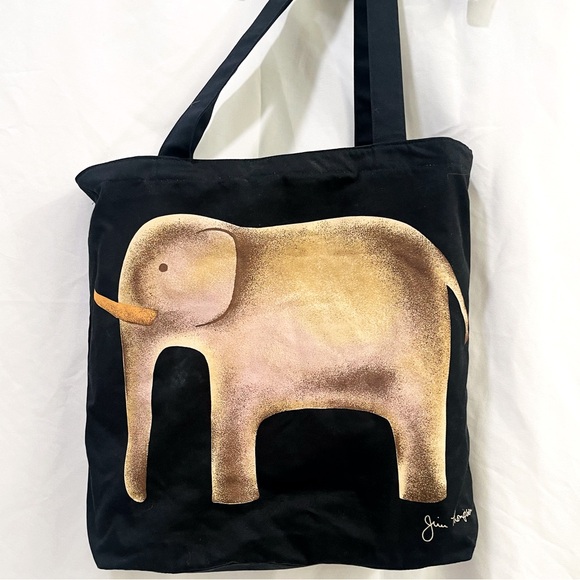 Jim Thompson Elephant Print Black Canvas Zippered Tote Bag Mid Size - Picture 1 of 9